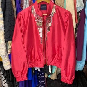 Magaschoni 100% Silksoie Red Bomber Jaket maybe A Large no SZ tag